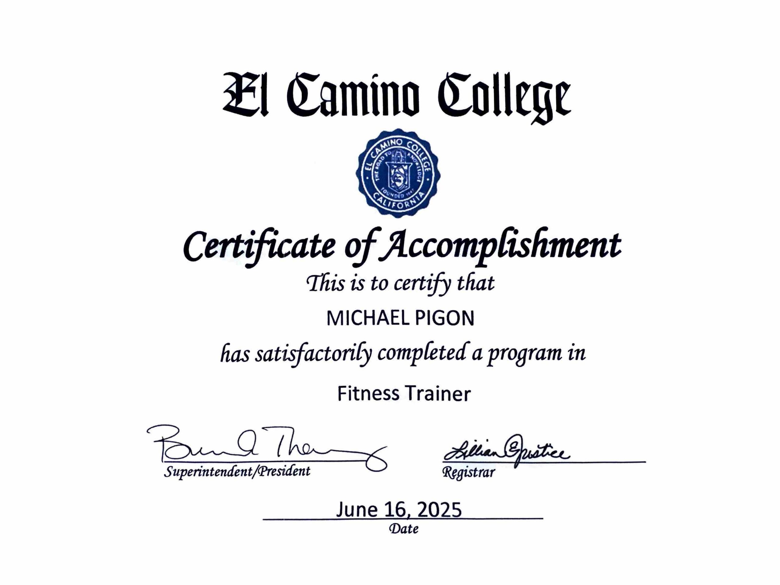 Fitness Trainer - Certificate of Accomplishment