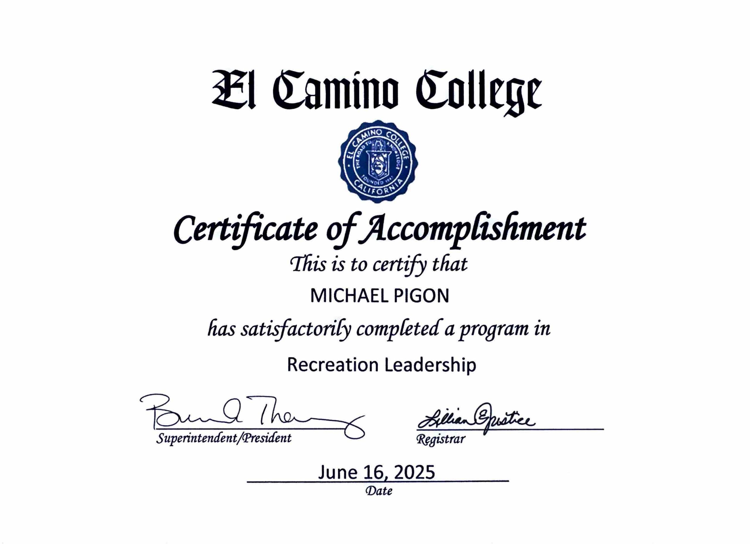 Recreation Leadership - Certificate of Accomplishment